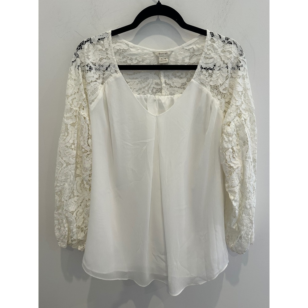 Ariat Womens XL White Lace Long Sleeve V-Neck Pleated Blouse Top